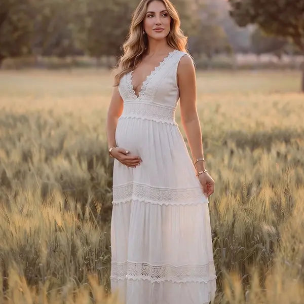 White Boho Lace Maternity Maxi Dress with Deep V-Neck, High Waist and Flowing Tiered Skirt | Bumplook