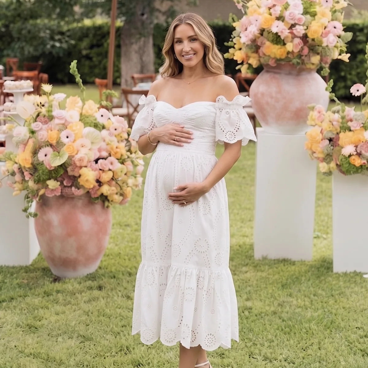White Off Shoulder Maternity Dress, Eyelet Midi Dress for Baby Shower, Maternity Photoshoot and Pregnancy Announcement | Bumplook