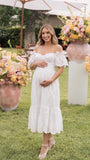 White Off Shoulder Maternity Dress, Eyelet Midi Dress for Baby Shower, Maternity Photoshoot and Pregnancy Announcement | Bumplook