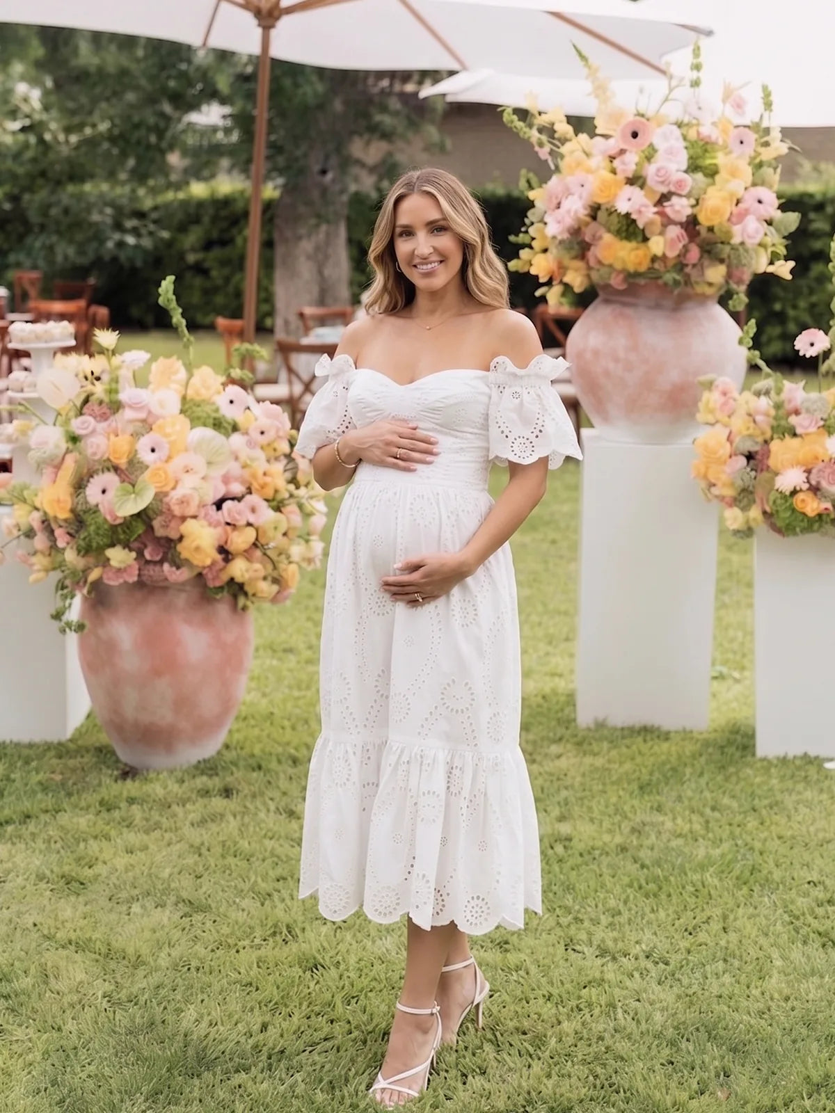 White Off Shoulder Maternity Dress, Eyelet Midi Dress for Baby Shower, Maternity Photoshoot and Pregnancy Announcement | Bumplook