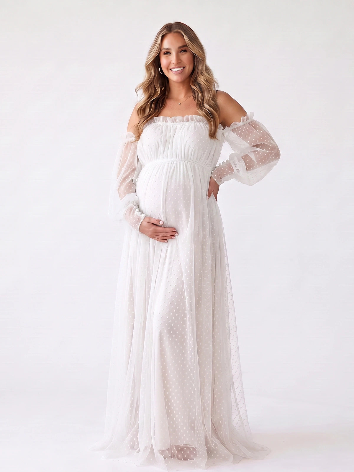 White Off Shoulder Maternity Dress, Swiss Dot Gown for Maternity Photoshoot, Baby Shower, Pregnancy Announcement, Bridal Shower, Formal Events | Bumplook
