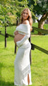 White Maternity Two Piece Set, Off Shoulder Maternity Photoshoot Outfit for Baby Shower, Maternity Photoshoot, Gender Reveal, Pregnancy Announcement, Wedding Guest, Bridal Shower, Formal Events | Bumplook
