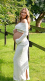 White Maternity Two Piece Set, Off Shoulder Maternity Photoshoot Outfit for Baby Shower, Maternity Photoshoot, Gender Reveal, Pregnancy Announcement, Wedding Guest, Bridal Shower, Formal Events | Bumplook
