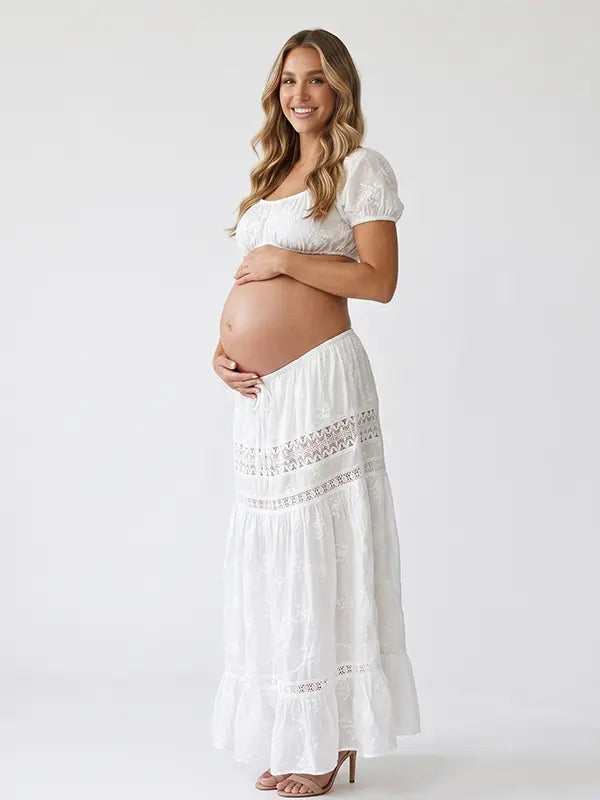 White Off Shoulder Maternity Crop Top with Puff Sleeves and Embroidered Detail | Bumplook