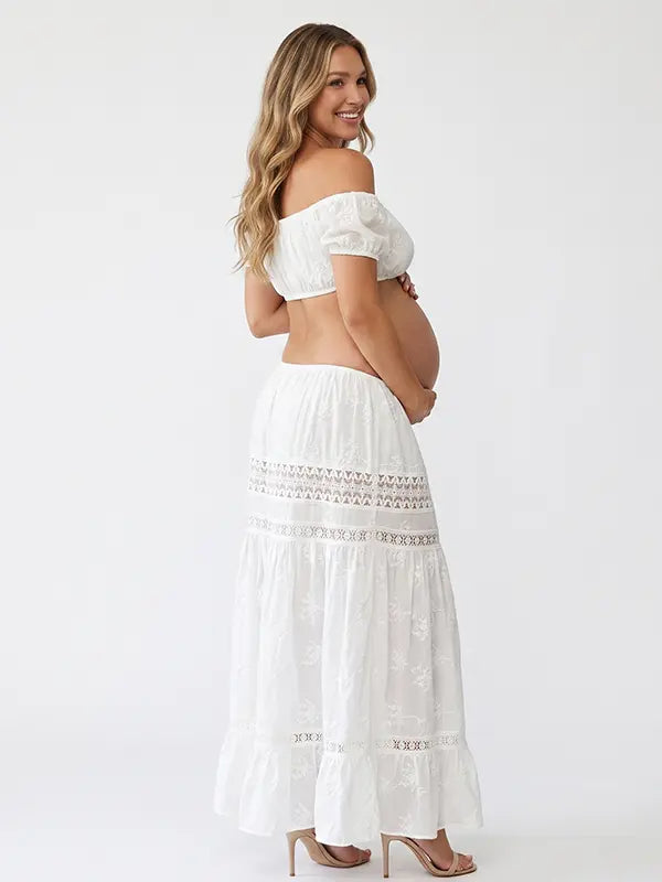 White Cotton Embroidered Maternity Maxi Skirt with Crochet Lace Detail | Bumplook