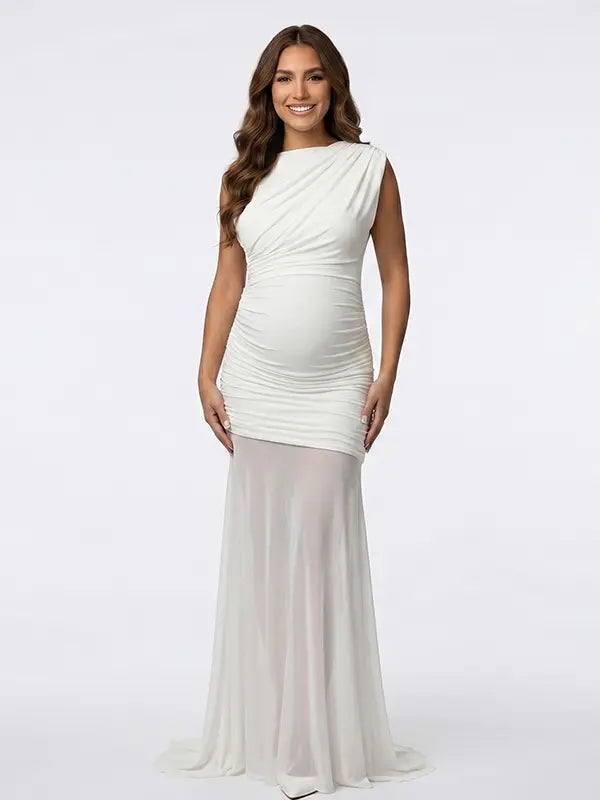 white mesh panel maternity maxi dress asymmetrical bodycon pregnancy gown