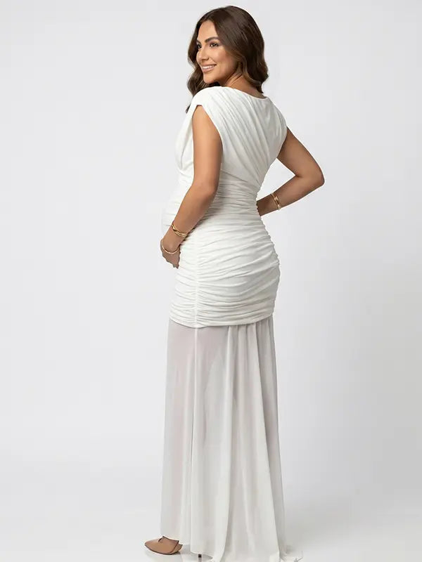 white mesh panel maternity maxi dress asymmetrical bodycon pregnancy gown