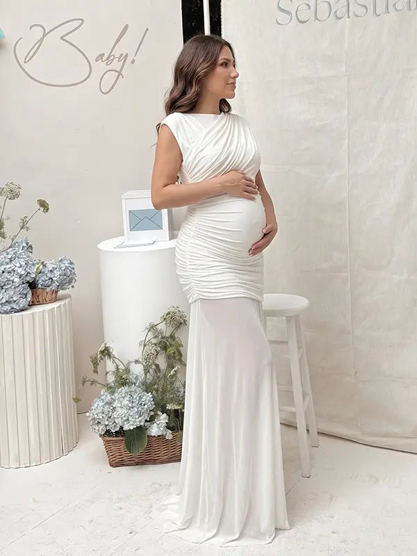 white elegant maternity dress mesh patchwork bodycon photoshoot gown for baby shower