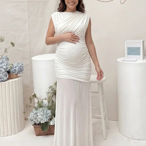 white elegant maternity dress mesh patchwork bodycon photoshoot gown for baby shower