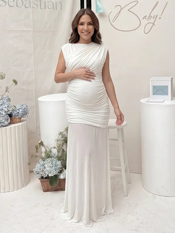 White Mesh Panel Maternity Dress for Baby Shower &Gender Reveal& Summer