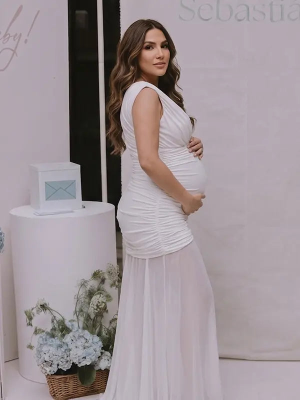 white elegant maternity dress mesh patchwork bodycon photoshoot gown for baby shower