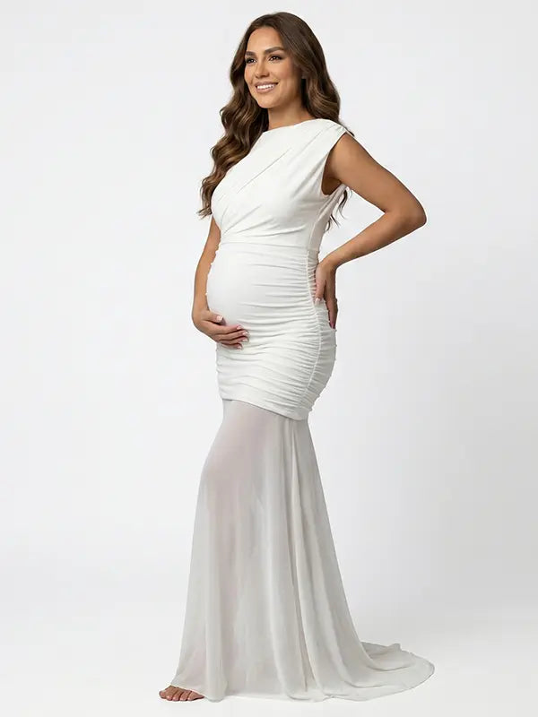 white bodycon maternity dress Ivory Round Neck Ribbed Knit Midi Premium jersey in White (95% Polyester Momyknows White Lace Sheer Bodycon