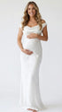 white off shoulder cowl neck maternity gown with open back detail and flowing silhouette