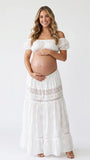 White Maternity Two Piece Set with Crop Top and Maxi Skirt for Outdoor Maternity Photoshoot | Bumplook