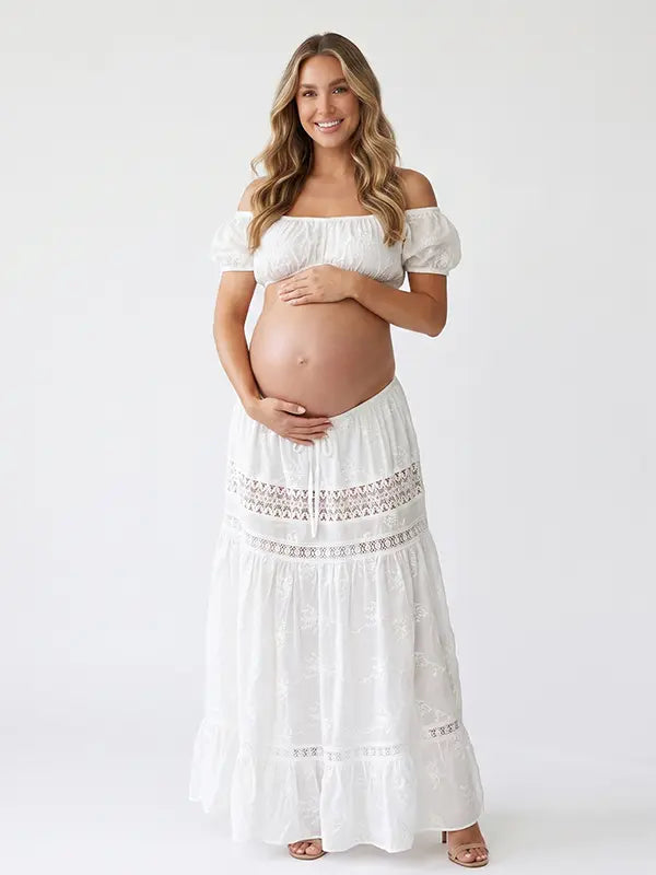 White Maternity Two Piece Set with Crop Top and Maxi Skirt for Outdoor Maternity Photoshoot | Bumplook