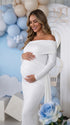White Ruched Maternity Dress with Side Drape for Pregnancy Photos | Bumplook