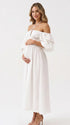 White Off Shoulder Maternity Dress with Puff Sleeves and Flowing Skirt | Bumplook