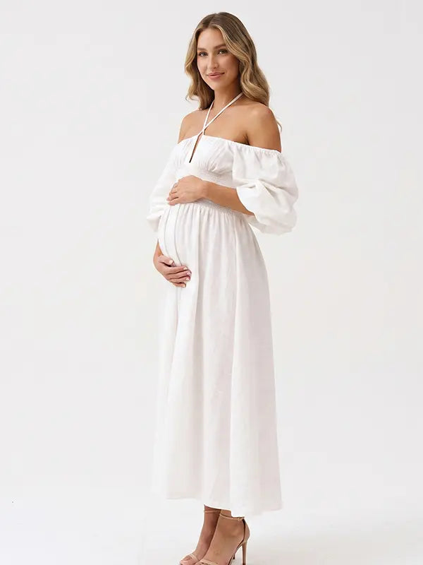 White Off Shoulder Maternity Dress with Puff Sleeves and Flowing Skirt | Bumplook