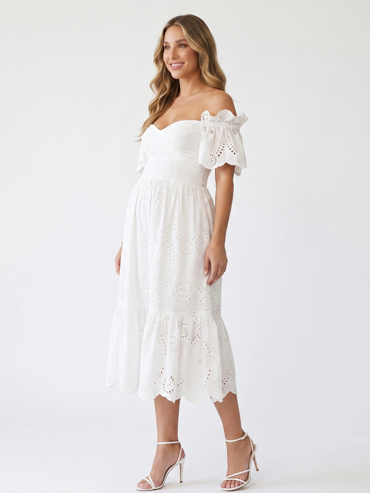 White Baby Shower Maternity Dress, Eyelet Midi Dress for Maternity Photoshoot and Bridal Shower | Bumplook