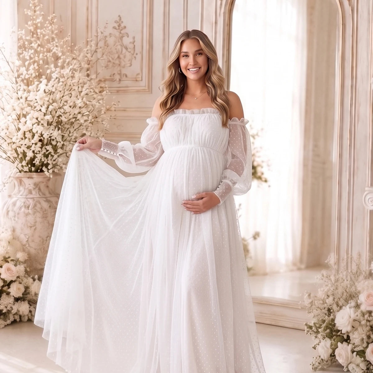 White Swiss Dot Maternity Dress, Off Shoulder Gown for Baby Shower, Maternity Photoshoot, Pregnancy Announcement, Bridal Shower, Formal Events | Bumplook