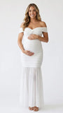White Off Shoulder Ruched Maternity Maxi Dress for Baby Shower and Maternity Photoshoot