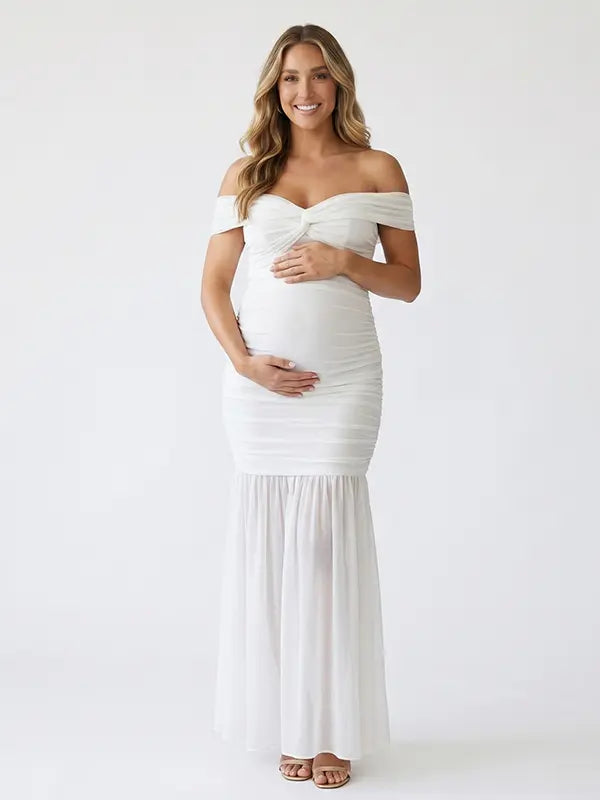 White Off Shoulder Ruched Maternity Maxi Dress for Baby Shower and Maternity Photoshoot