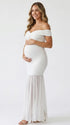 White Off Shoulder Ruched Maternity Maxi Dress for Baby Shower and Maternity Photoshoot