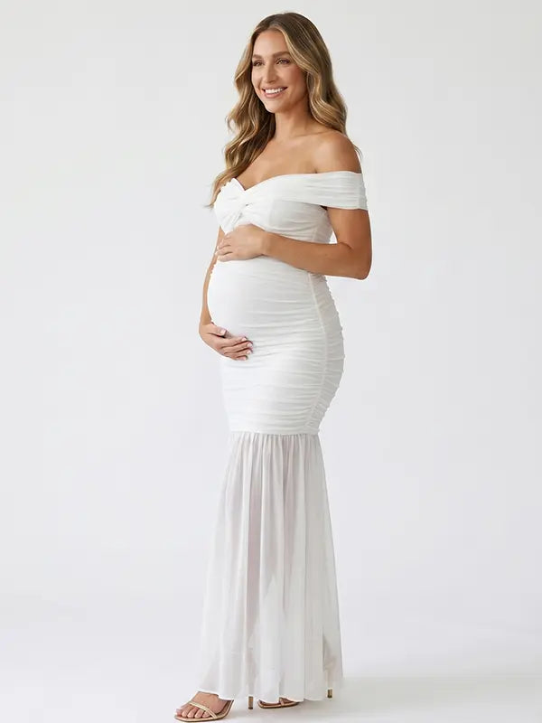 White Off Shoulder Ruched Maternity Maxi Dress for Baby Shower and Maternity Photoshoot