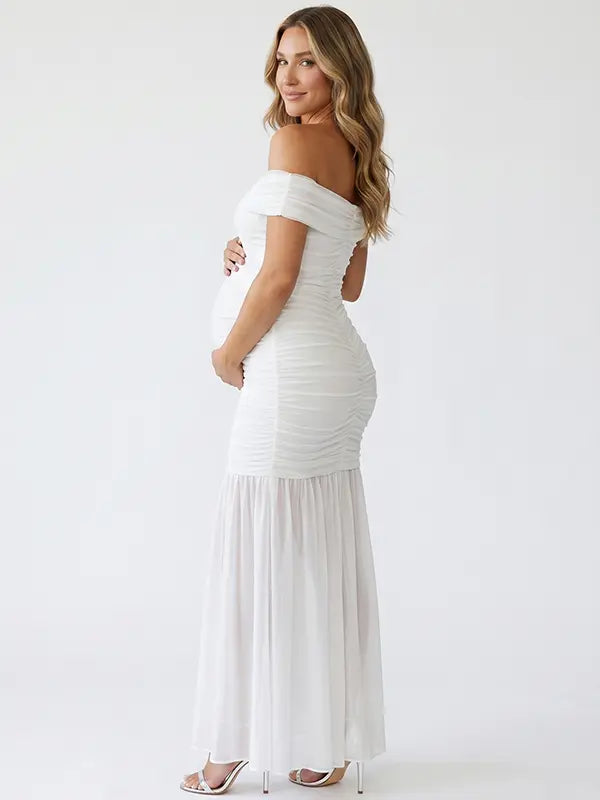White Off Shoulder Ruched Maternity Maxi Dress for Baby Shower and Maternity Photoshoot