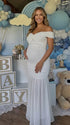 White Off Shoulder Ruched Maternity Maxi Dress for Baby Shower and Maternity Photoshoot