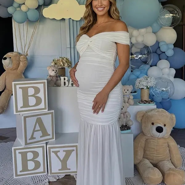 White Off Shoulder Ruched Maternity Maxi Dress for Baby Shower and Maternity Photoshoot