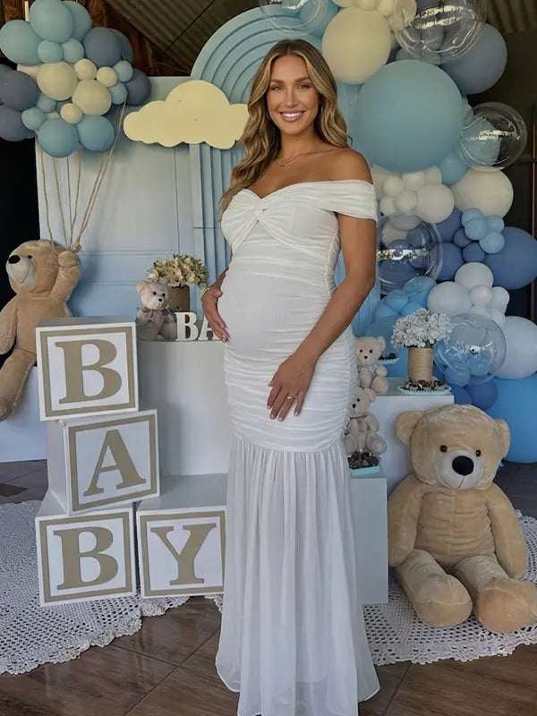 White Off Shoulder Ruched Maternity Maxi Dress for Baby Shower and Maternity Photoshoot