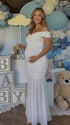 White Off Shoulder Ruched Maternity Maxi Dress for Baby Shower and Maternity Photoshoot