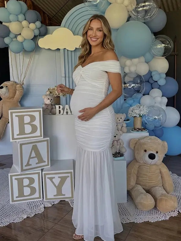 White Off Shoulder Ruched Maternity Maxi Dress for Baby Shower and Maternity Photoshoot