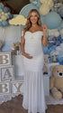 White Off Shoulder Ruched Maternity Maxi Dress for Baby Shower and Maternity Photoshoot