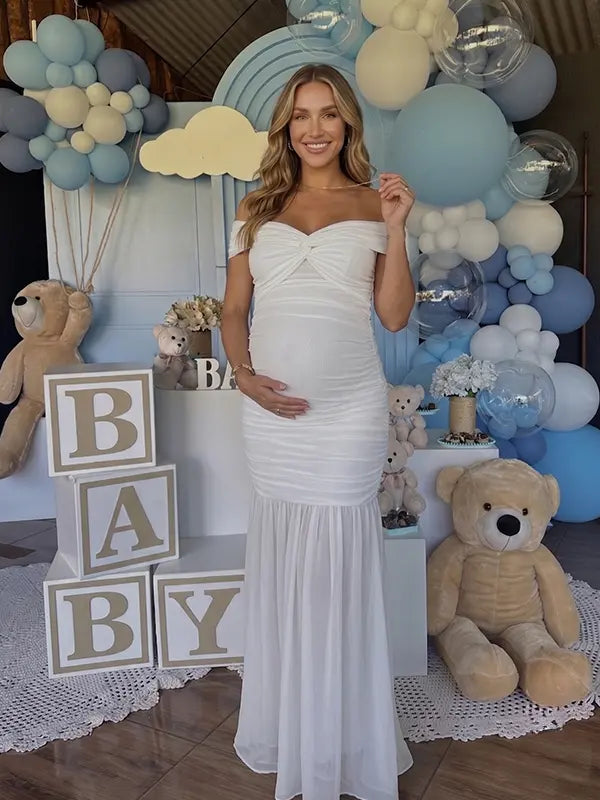 White Off Shoulder Ruched Maternity Maxi Dress for Baby Shower and Maternity Photoshoot