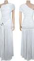 White one shoulder goddess maternity gown with ruched bodice and flowing mesh skirt