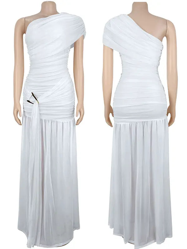 White one shoulder goddess maternity gown with ruched bodice and flowing mesh skirt
