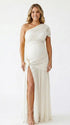White one shoulder goddess maternity gown with ruched bodice and flowing mesh skirt