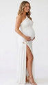 White one shoulder goddess maternity gown with ruched bodice and flowing mesh skirt