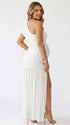 White one shoulder goddess maternity gown with ruched bodice and flowing mesh skirt