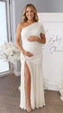 White one shoulder goddess maternity gown with ruched bodice and flowing mesh skirt