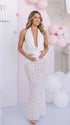 White Halter Maternity Dress with 3D Rose Maxi Skirt for Baby Shower | Bumplook