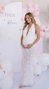 White Open Back Maternity Maxi Dress with Halter Neck, Ruched Waist and 3D Floral Skirt | Bumplook