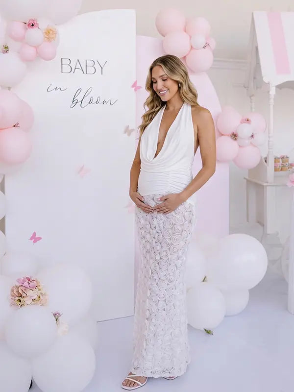White Open Back Maternity Maxi Dress with Halter Neck, Ruched Waist and 3D Floral Skirt | Bumplook