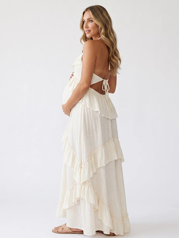 White Boho Ruffle Maternity Maxi Dress | Bumplook