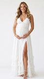 White Pearl Halter Maternity Dress, Greek Goddess Maternity Maxi Dress for Baby Shower, Maternity Photoshoot, Gender Reveal, Pregnancy Announcement, Wedding Guest, Bridal Shower, Formal Events | Bumplook