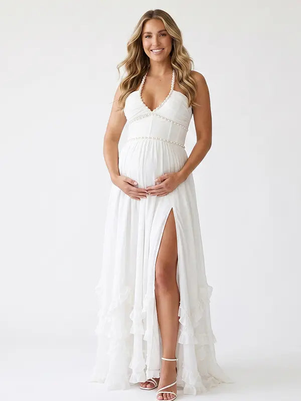 White Pearl Halter Maternity Dress, Greek Goddess Maternity Maxi Dress for Baby Shower, Maternity Photoshoot, Gender Reveal, Pregnancy Announcement, Wedding Guest, Bridal Shower, Formal Events | Bumplook