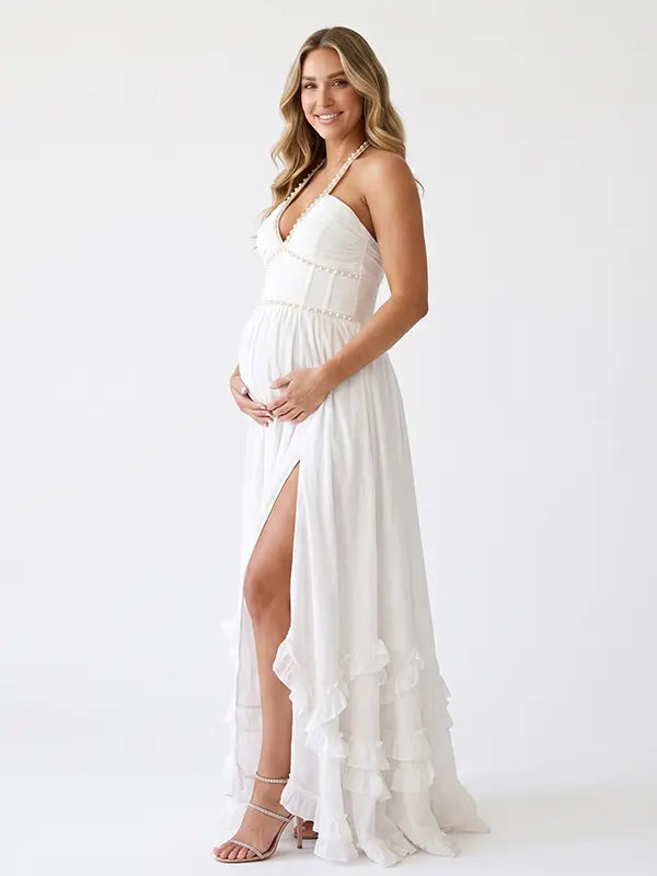 White Pearl Halter Maternity Dress, Greek Goddess Maternity Maxi Dress for Baby Shower, Maternity Photoshoot, Gender Reveal, Pregnancy Announcement, Wedding Guest, Bridal Shower, Formal Events | Bumplook