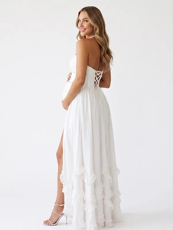 White Pearl Halter Maternity Dress, Greek Goddess Maternity Maxi Dress for Baby Shower, Maternity Photoshoot, Gender Reveal, Pregnancy Announcement, Wedding Guest, Bridal Shower, Formal Events | Bumplook